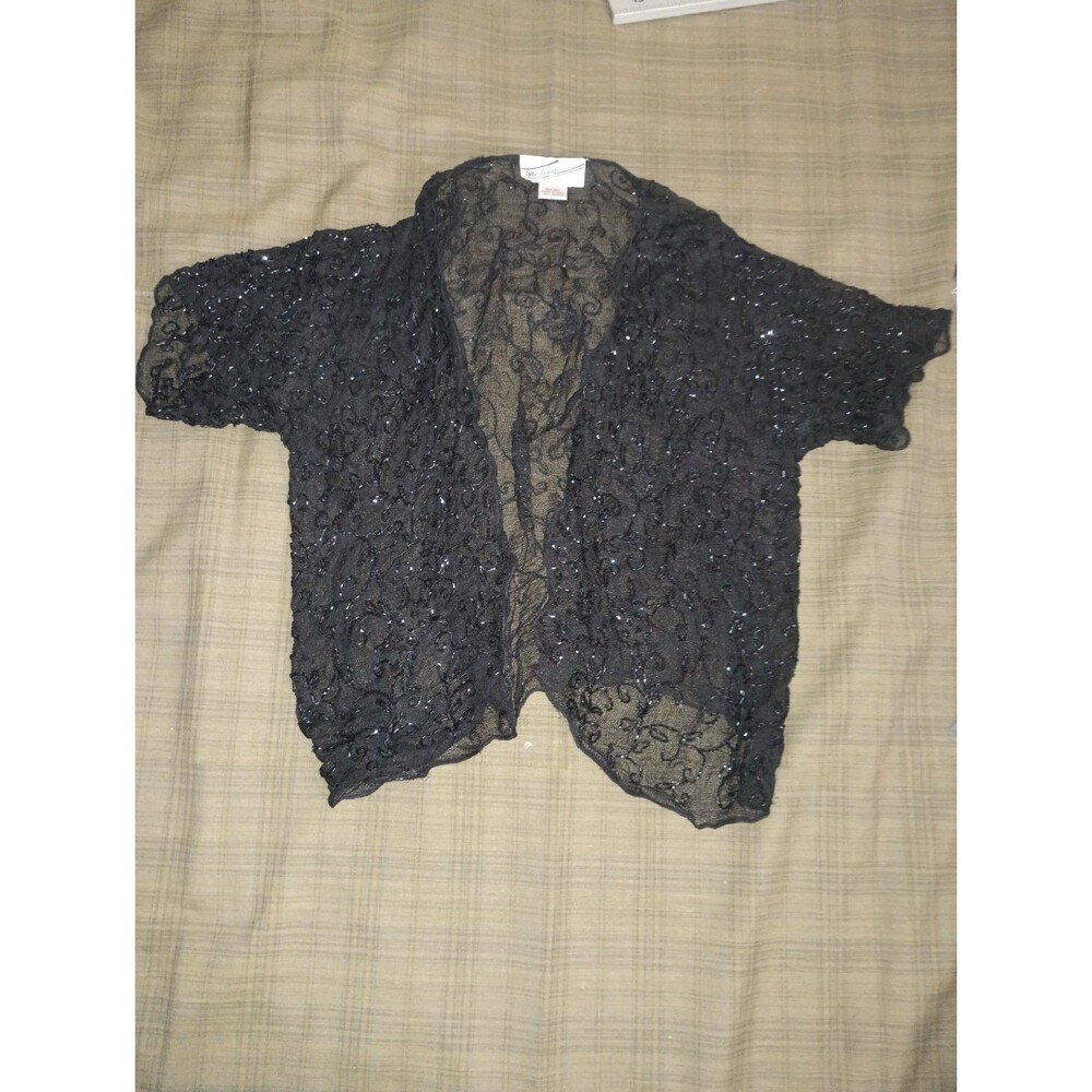 Cejon Black Sequin Sheer Bolero Shrug Mesh Silk Chiffon Cropped Vintage Y2K S M